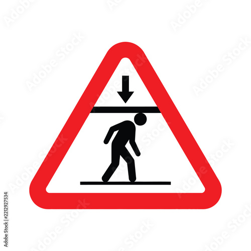 Red and white triangular safety warning sign graphic featuring a black silhouette of a person ducking beneath a lowering ceiling hazard with a downward arrow symbol