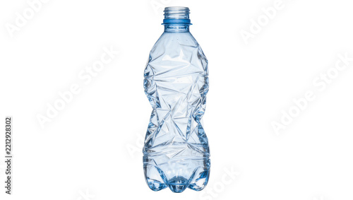 Crushed empty blue plastic water bottle, isolated on transparent background
