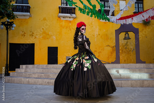 Elegant Catrina woman celebrating Day of the Dead in Mexico