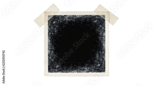 Square instant photo frame with textured black center taped with beige masking tape, isolated on transparent background