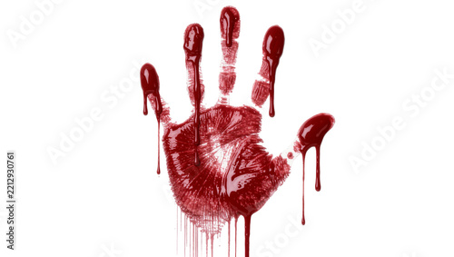 Bloody handprint with dripping red liquid, isolated on transparent background