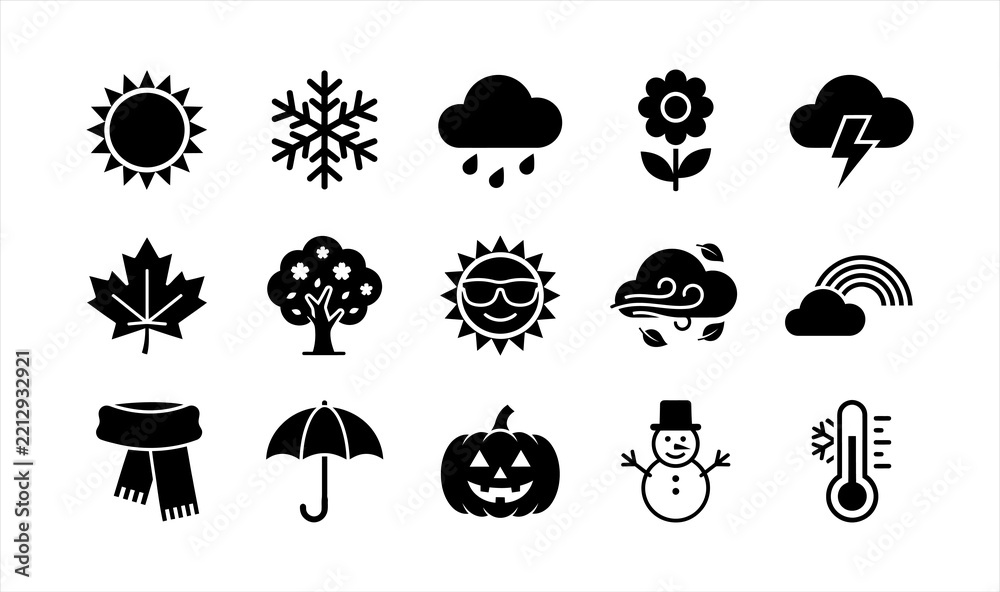 Fototapeta premium Weather and climate icon set featuring seasonal elements and meteorological symbols meteorology snowflake lightning temperature thermometer umbrella environment
