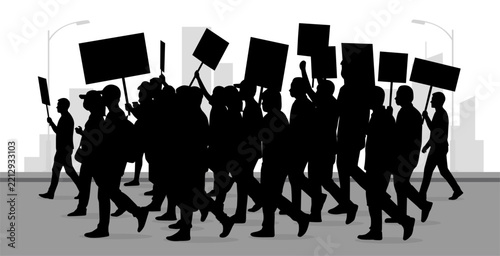 Black silhouette of a crowd of people marching and protesting with blank signs and placards in the city.