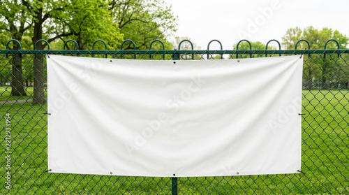 Blank white banner hanging on a chain link fence