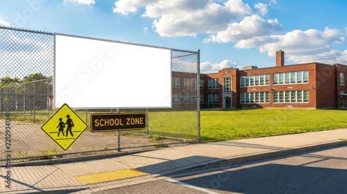 Blank white billboard mockup on a school fence