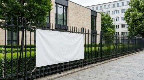 Blank banner tied to a black iron fence