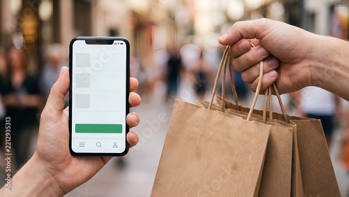 Person holding smartphone and paper shopping bags on city street   