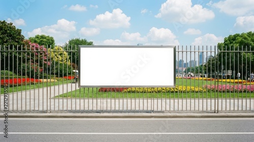 Empty billboard sign on a metal fence in a park