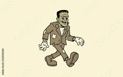 Vintage style illustration of a walking frankenstein monster character isolated on transparent background