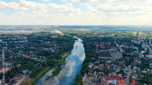 Yelets, Lipetsk region, Russia. Sosna river. Pig-iron bridge. Drone footage