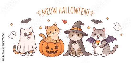 Cute kawaii cartoon cats in Halloween costumes with pumpkin, witch, ghost, and bat. Meow Halloween text illustration.