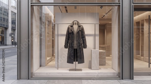 Modern Minimalist Storefront Window Display Featuring Trench Coat on Mannequin