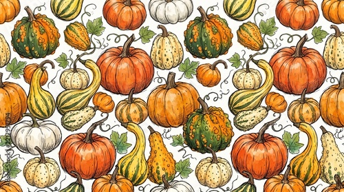 Seamless pattern featuring hand drawn orange pumpkins and multicolored gourds with green leaves on white background with repeating pattern