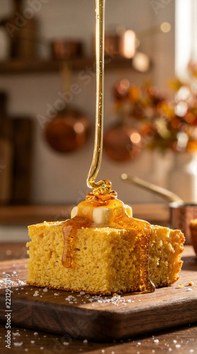 Honey poured over butter-topped cornbread on a wooden board. Sweet baked food for brunch or dessert. Home baking and serving idea. Close-up of a honey-drizzled cake slice