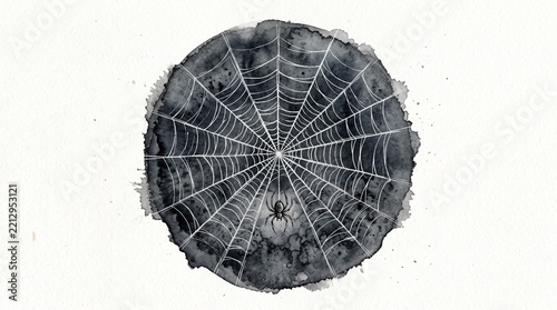 A small black spider sitting in the center of a circular white watercolor spider web with watercolor wash background dark circular