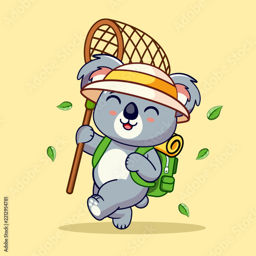 Canvas Print Cute Koala Hiking with Butterfly Net Cartoon Vector Illustration Kawaii Animal