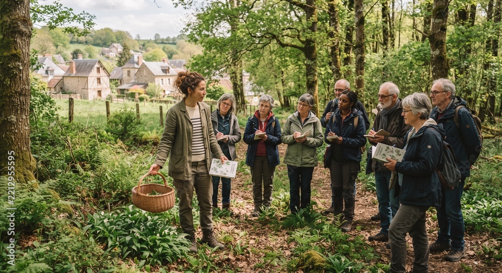 Fototapeta premium Woman leading guided forage tour group through forest with wicker basket and notes.