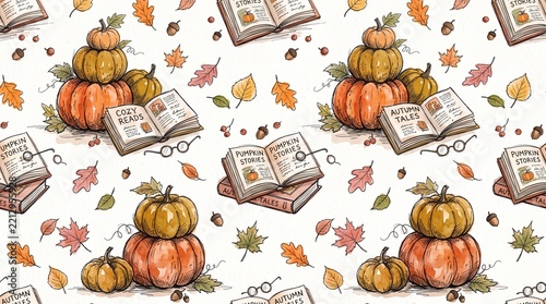 Watercolor seamless pattern featuring stacked pumpkins and open books with autumn leaves and glasses on a white background with hand drawn