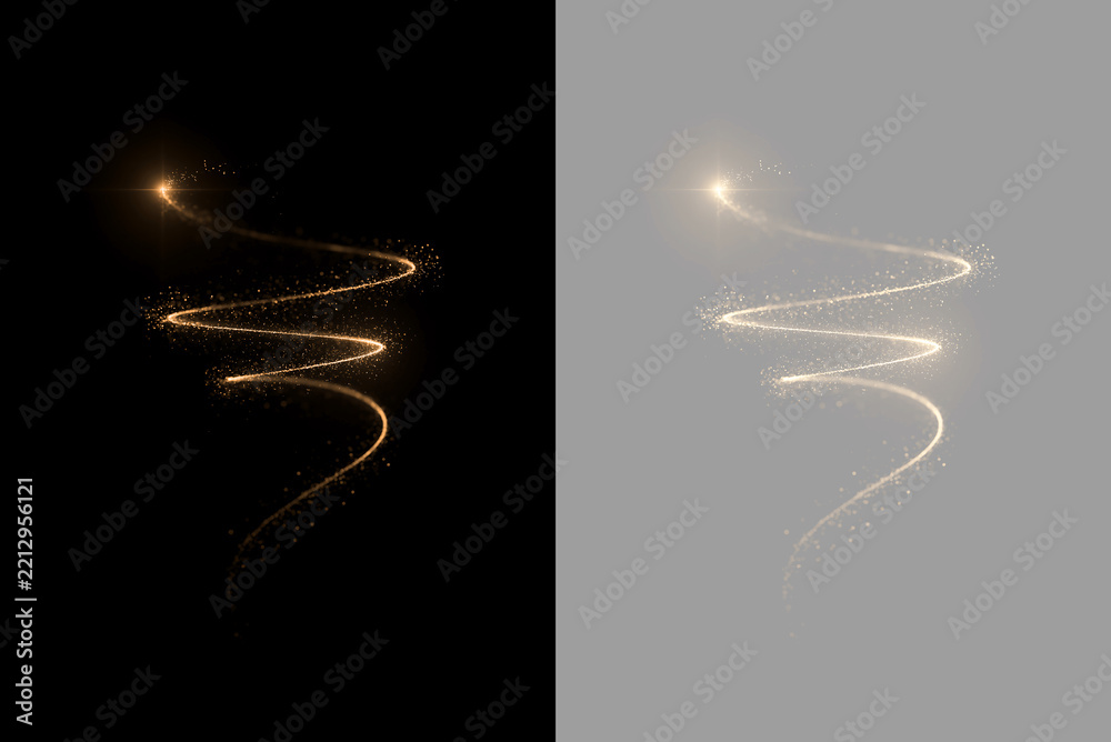 Fototapeta premium Golden spiral light trail with sparkling particles. Festive magic swirl and glitter stardust overlay isolated on black and transparent background