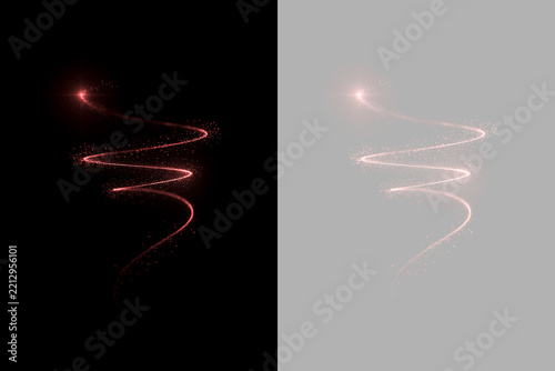 Red spiral light trail with glowing particles isolated on transparent background. Magic sparkle swirl effect overlay. Celebration holiday graphic element