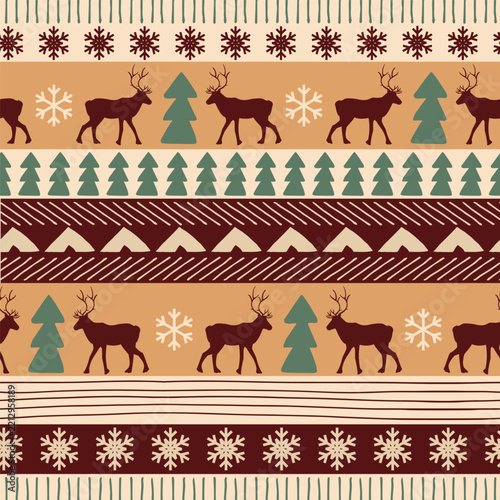 Vector geometric seamless pattern with Christmas trees and snowflakes.