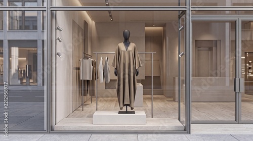 Modern Minimalist Fashion Boutique Storefront Window Display with Mannequin in Beige Kaftan Dress