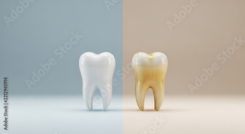 Split screen comparison of a clean white tooth and a stained yellow tooth on a two tone background