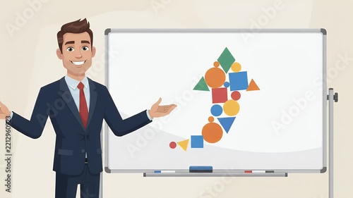 Businessman presenting on a whiteboard, pointing to colorful abstract shapes and geometric elements appearing on the board, conveying ideas and strategy