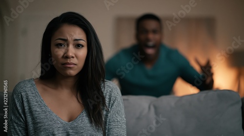 Scared woman during domestic violence argument with angry man behind
