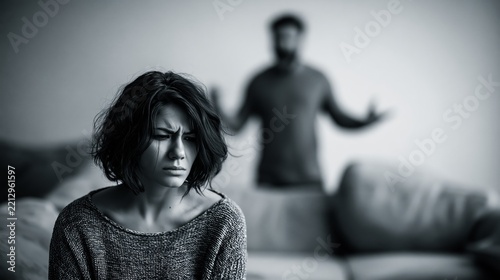 Sad woman withdrawing while abusive man argues in background