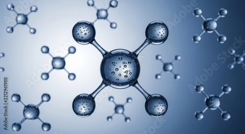 Abstract 3D molecular structure with multiple spherical atoms connected by bonds on blue background