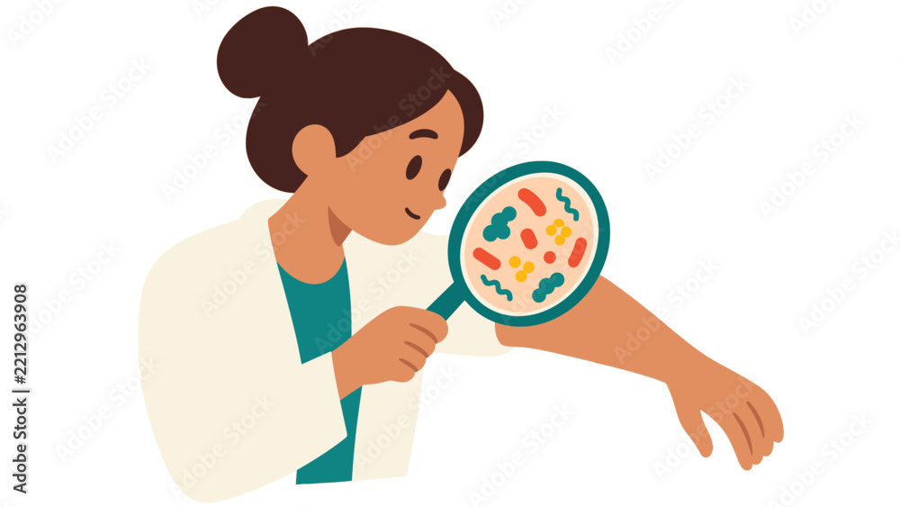 Fototapeta premium Scientist examining bacteria on an arm with a magnifying glass