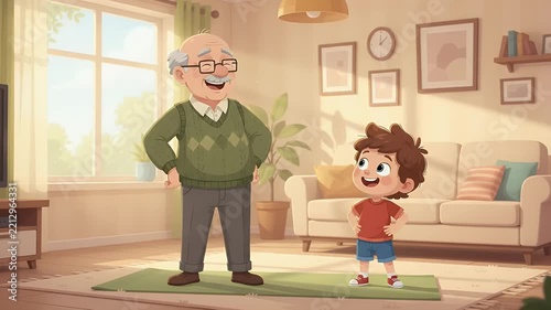 Elderly grandfather and young boy doing exercises together in a sunlit living room, promoting healthy lifestyle and intergenerational bonding