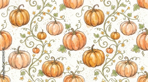 Watercolor illustration of orange pumpkins with green vines and leaves on a white background for a seamless autumn harvest pattern