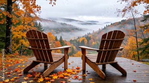 Cozy autumn mountain deck view with adirondack chairs, peaceful fall forest landscape with mist, scenic outdoor relaxation spot