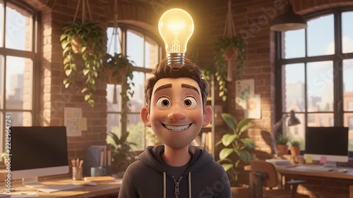 Man sketching a glowing lightbulb idea, symbolizing innovation, startup creation, and creative breakthrough in a modern office setting