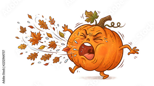 Funny pumpkin sneezing dramatically, flying leaves and tiny droplets, closed eyes, exaggerated expression, cartoon illustration, pure white background, copy space.