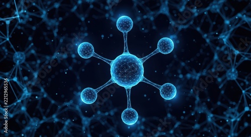 Glowing blue molecular network structure with central atom and connecting branches