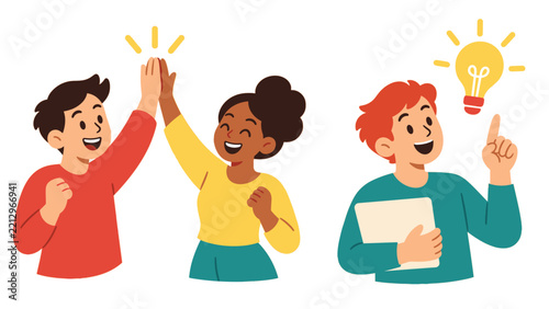 Young people high fiving as another points to a bright light bulb
