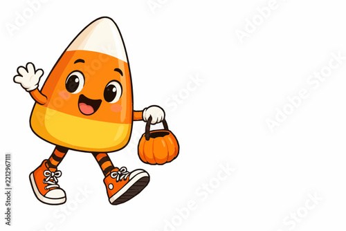 Cheerful candy corn character waving with a white glove while carrying a pumpkin treat bag and wearing striped stockings with orange sneakers on a clean white background for playful halloween designs