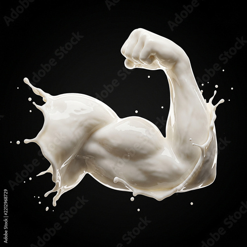 A creative splash of milk in the shape of a strong muscular human arm flexing its bicep, isolated on a black background.
