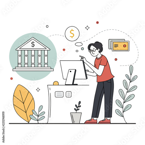 Man standing at desk managing personal finance with online banking computer.