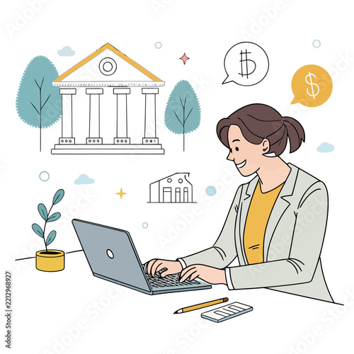 Woman working on laptop with bank and bitcoin symbols indicating cryptocurrency and financial management.
