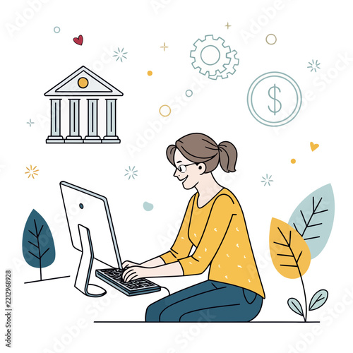 Woman using computer near bank building and dollar symbol representing online banking and financial services.