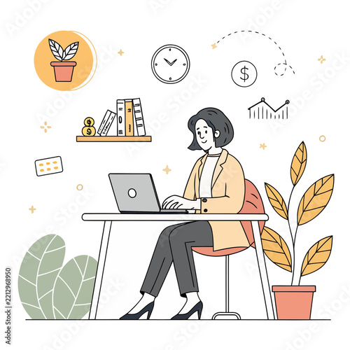 Businesswoman working on laptop at desk in modern cozy office.
