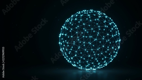Glowing blue network sphere on dark background, with light particles