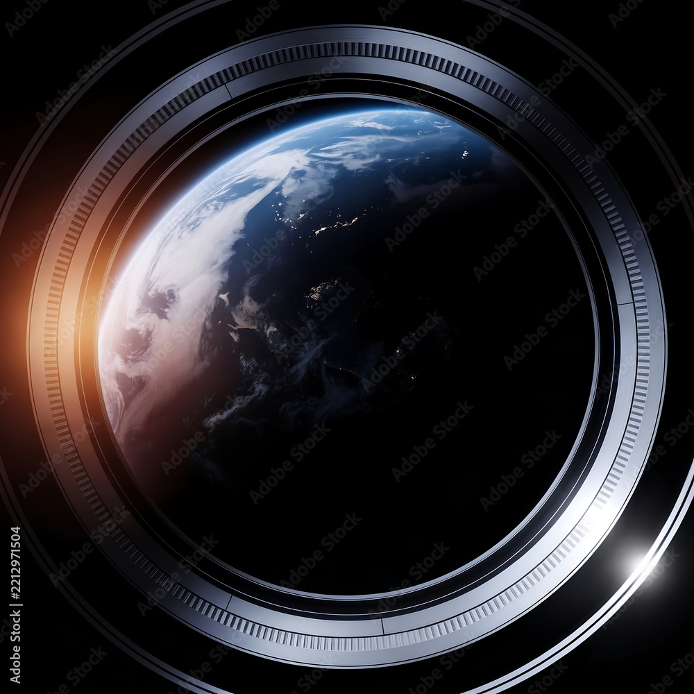 Fototapeta premium Earth seen from space through a circular spaceship window with outer space spaceship atmosphere astronomy exploration viewpoint astrophysics darkness perspective