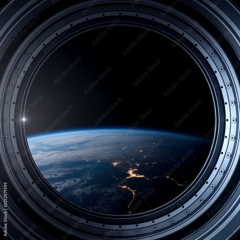 Fototapeta premium View of earth at night from a circular spacecraft window with city lights outer space spaceship astronomy atmosphere exploration viewpoint astrophysics darkness