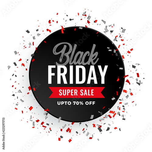 Black friday super sale banner design with confetti and circular frame for retail marketing promotions