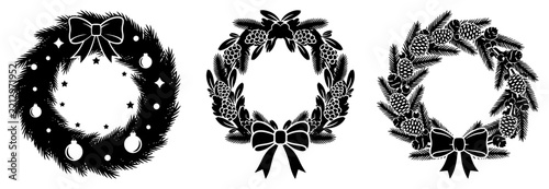 Christmas wreath collection with pine needles cones and ribbon bow in black silhouette vector style